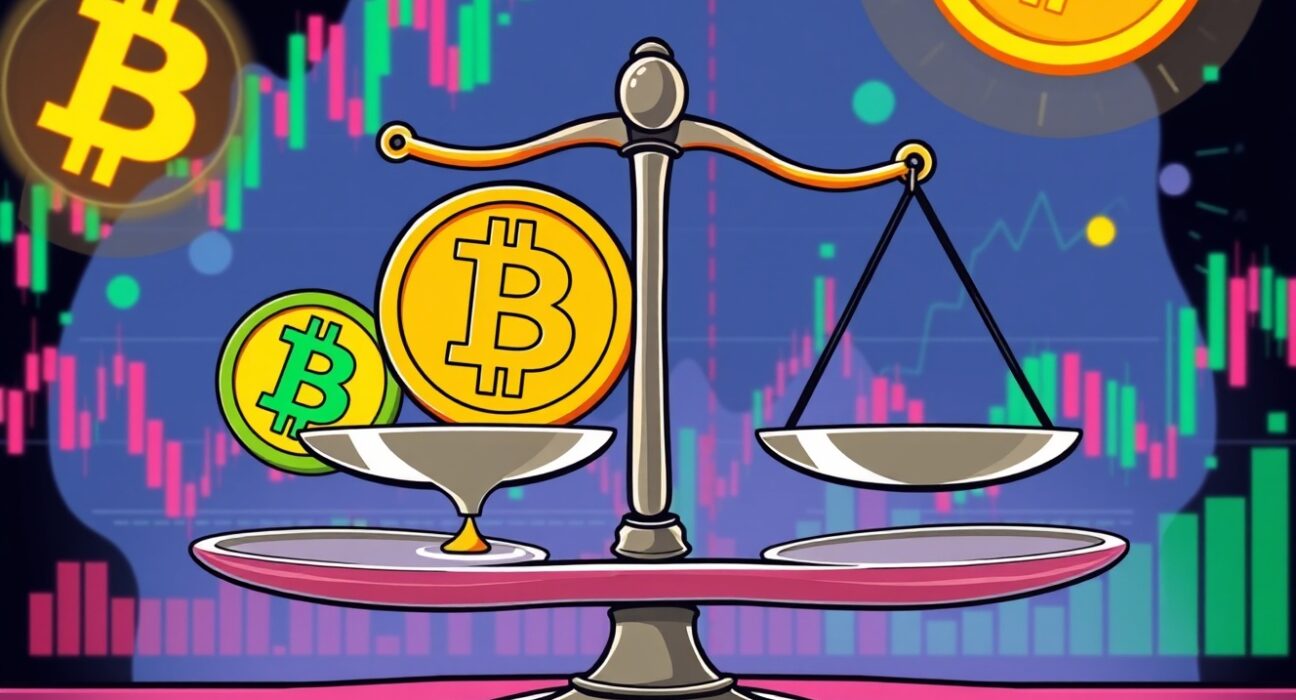 Bitcoin perpetual futures market showing balanced scale with slight short position bias in vibrant trading scene