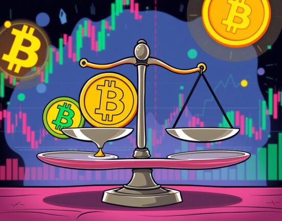 Bitcoin perpetual futures market showing balanced scale with slight short position bias in vibrant trading scene