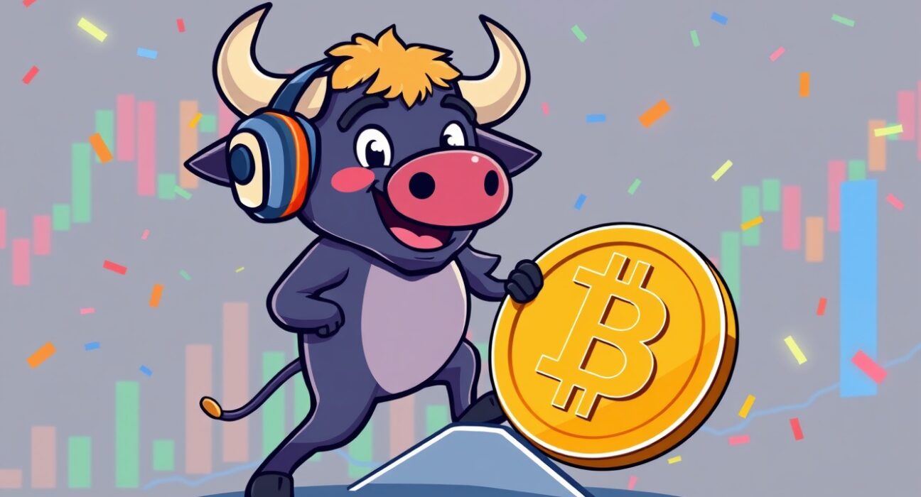 A cartoon bull trader confidently pushing up a Bitcoin coin, symbolizing bullish bets in Bitcoin perpetual futures.