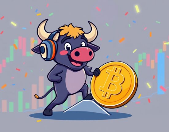 A cartoon bull trader confidently pushing up a Bitcoin coin, symbolizing bullish bets in Bitcoin perpetual futures.