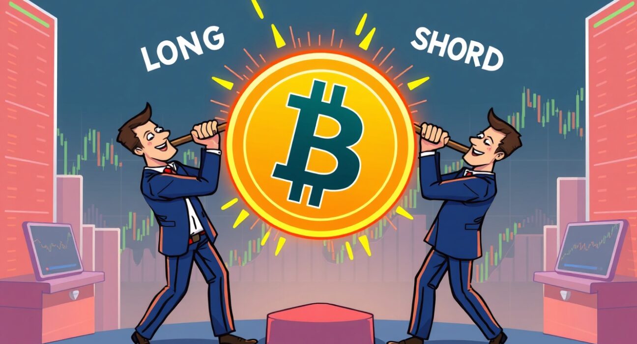 A cartoon illustration showing the tug-of-war between long and short positions, symbolizing market sentiment in Bitcoin perpetual futures trading.