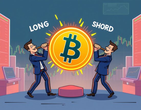 A cartoon illustration showing the tug-of-war between long and short positions, symbolizing market sentiment in Bitcoin perpetual futures trading.