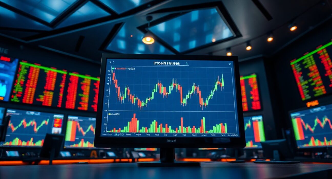 Bitcoin perpetual futures trading interface showing long and short positions on a monitor in a trading room.