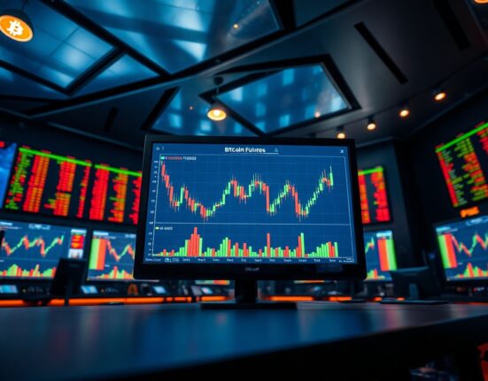 Bitcoin perpetual futures trading interface showing long and short positions on a monitor in a trading room.