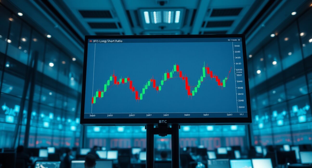 Bitcoin candlestick chart on a professional trading monitor in a modern trading floor setting.