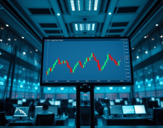 Bitcoin candlestick chart on a professional trading monitor in a modern trading floor setting.