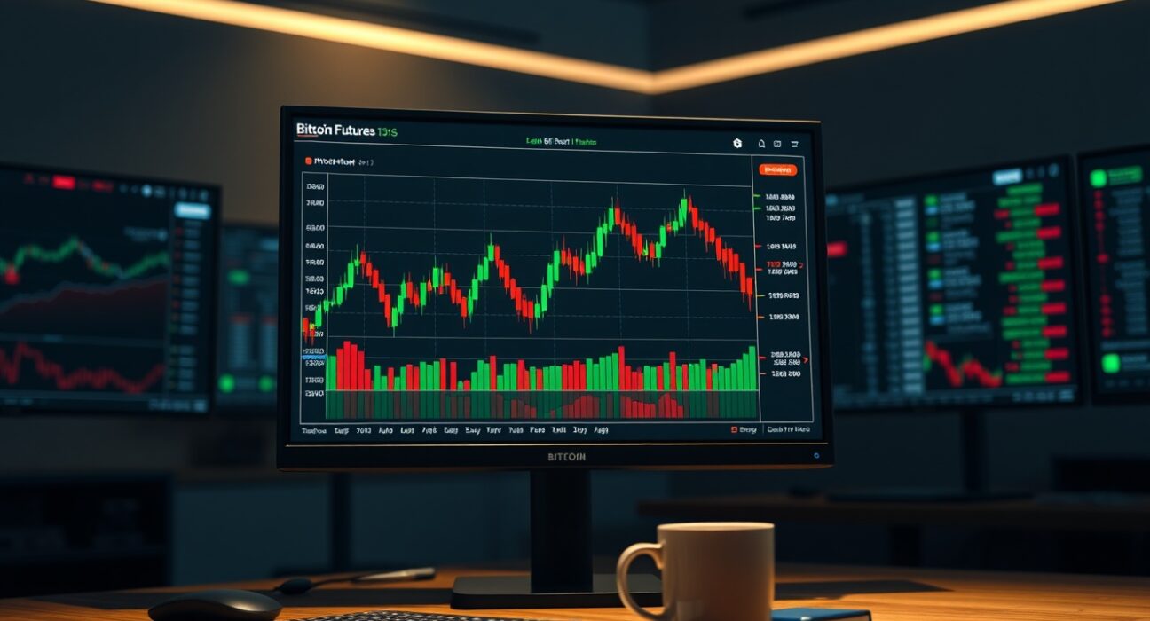 Bitcoin perpetual futures trading dashboard showing long/short ratio data on multiple monitors