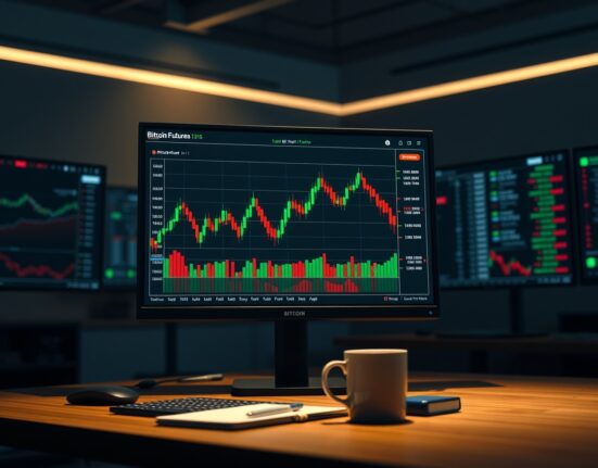 Bitcoin perpetual futures trading dashboard showing long/short ratio data on multiple monitors