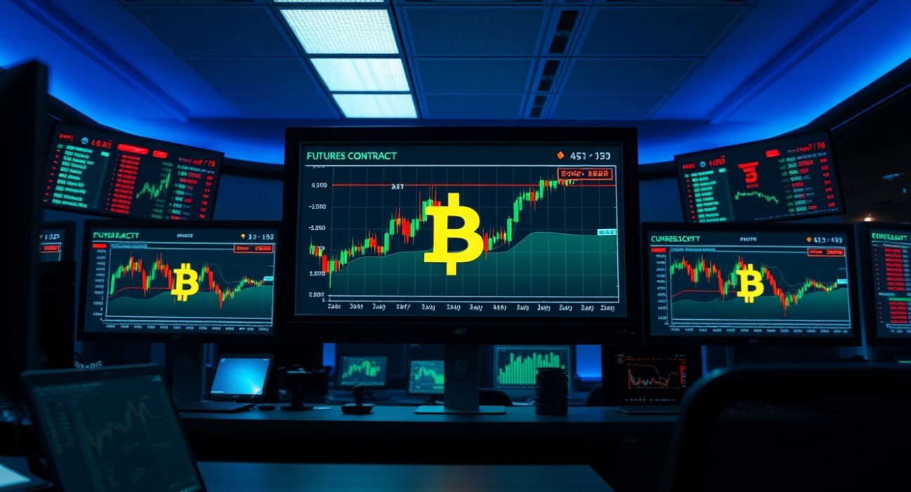 Bitcoin price chart and perpetual futures data displayed on a trading floor monitor.