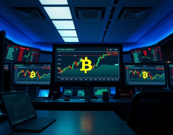 Bitcoin price chart and perpetual futures data displayed on a trading floor monitor.