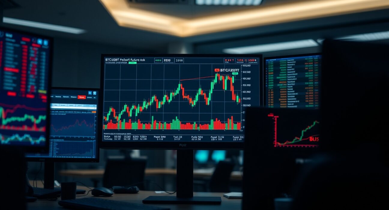 Bitcoin perpetual futures trading setup with charts and order book on multiple monitors