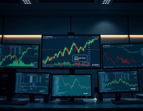 Professional trading desk monitors displaying Bitcoin charts and long/short ratio data.