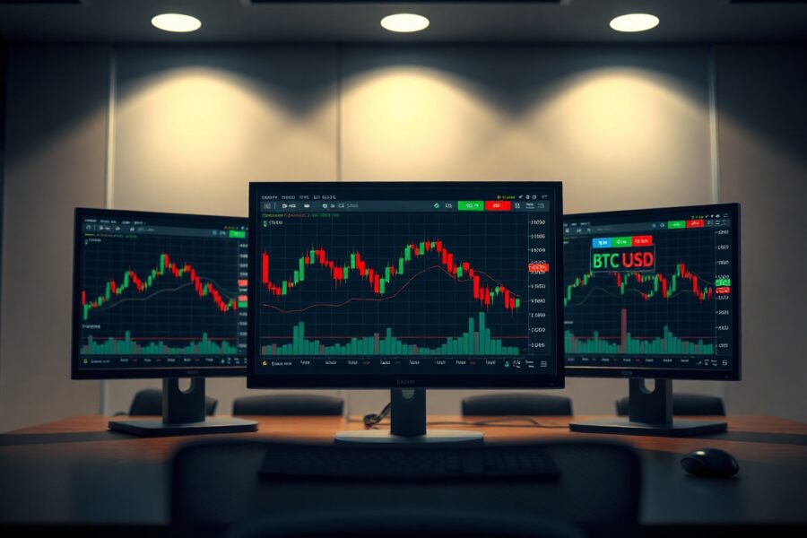 Professional trading desk with monitors displaying Bitcoin perpetual futures chart and long/short ratio data.