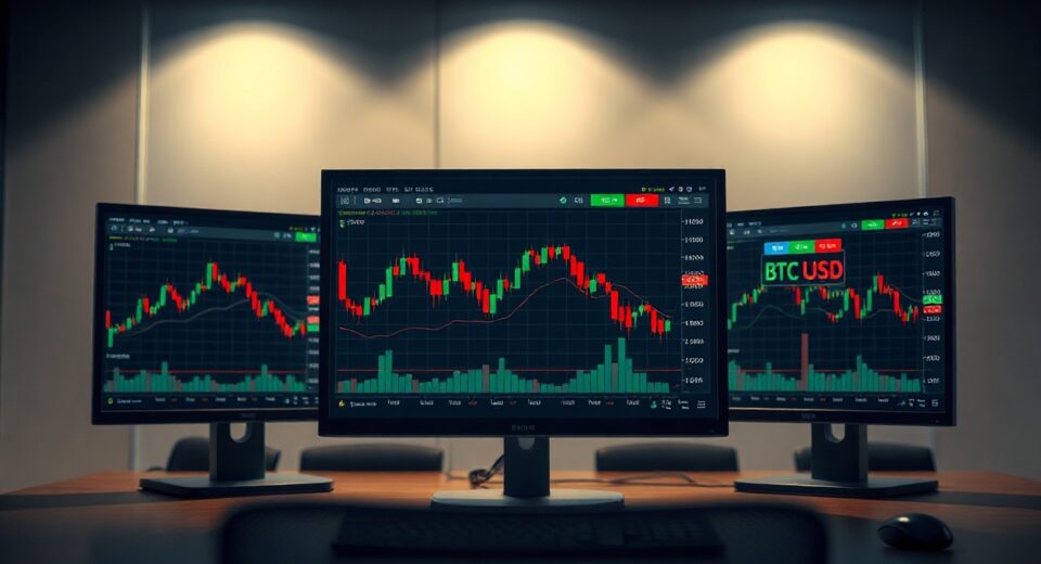 Professional trading desk with monitors displaying Bitcoin perpetual futures chart and long/short ratio data.