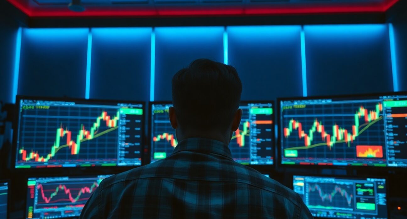 Trader monitoring Bitcoin perpetual futures long/short ratios on multiple screens at a trading desk