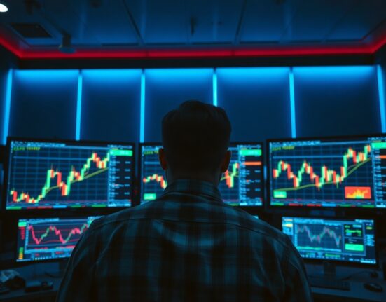 Trader monitoring Bitcoin perpetual futures long/short ratios on multiple screens at a trading desk