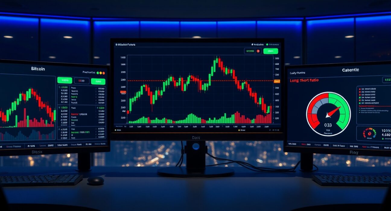 Professional crypto trading desk with Bitcoin perpetual futures charts and long/short ratio data on multiple monitors