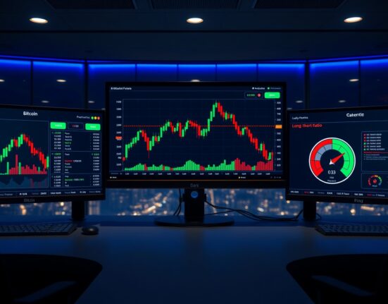 Professional crypto trading desk with Bitcoin perpetual futures charts and long/short ratio data on multiple monitors