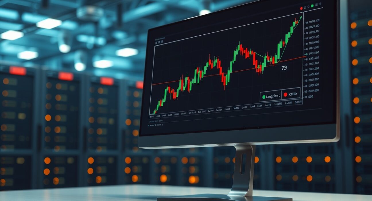 Bitcoin perpetual futures long/short ratio chart displayed on a trading monitor in a data center.