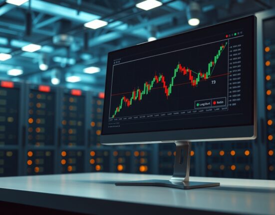 Bitcoin perpetual futures long/short ratio chart displayed on a trading monitor in a data center.