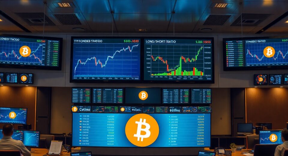 Trading floor with screens showing Bitcoin perpetual futures long/short ratio data