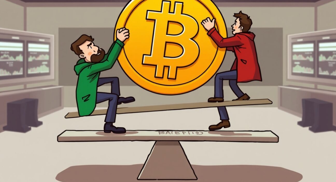 A cartoon illustration showing the precarious balance of Bitcoin perpetual futures sentiment between bulls and bears.