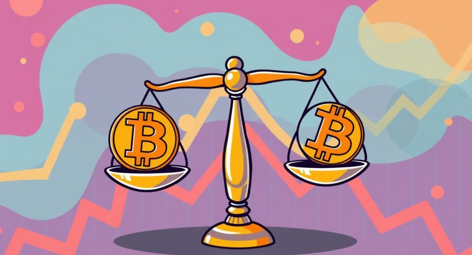 A cartoon scale tipping slightly, illustrating the short bias in Bitcoin perpetual futures market sentiment.