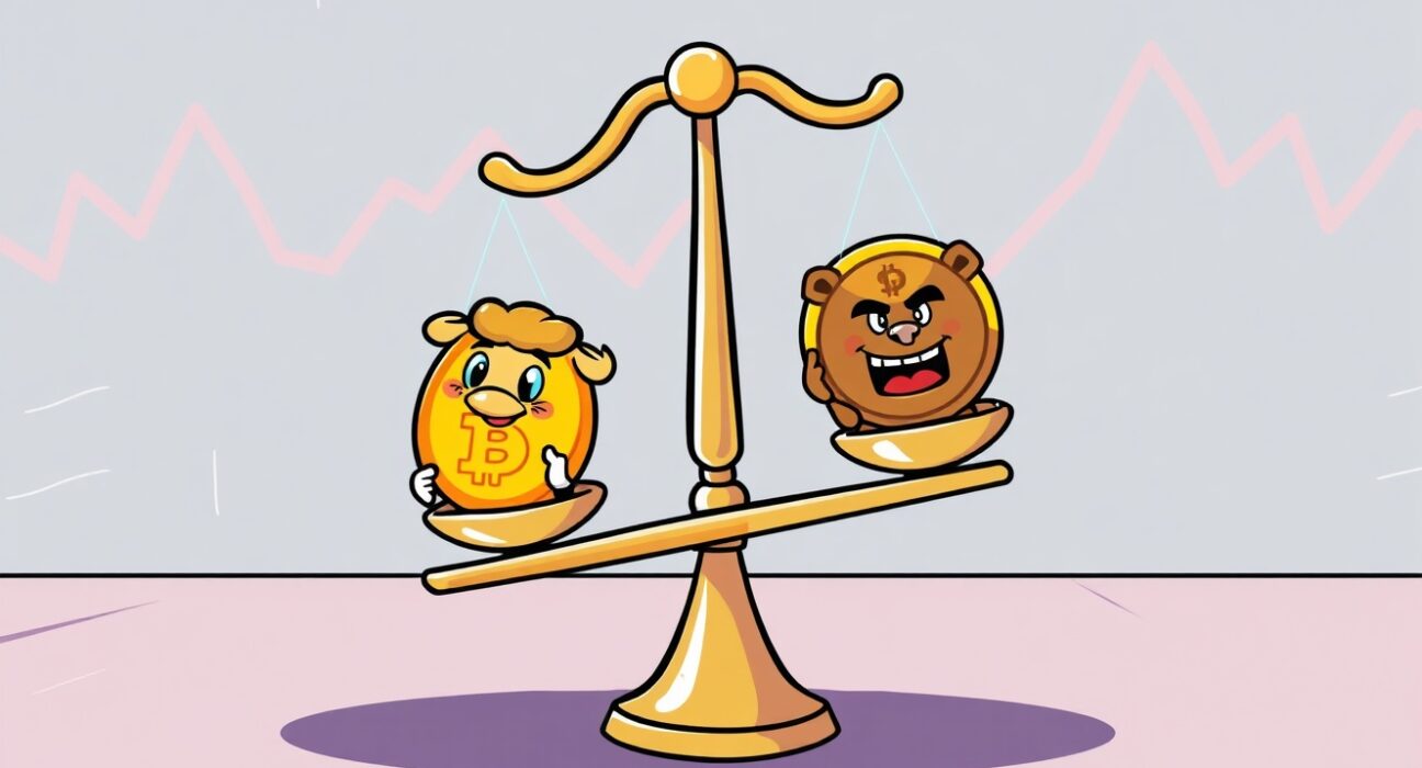 A cartoon illustration showing the slight short bias in Bitcoin perpetual futures market sentiment.