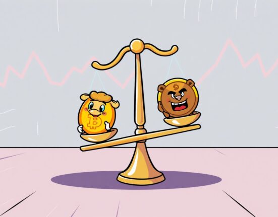 A cartoon illustration showing the slight short bias in Bitcoin perpetual futures market sentiment.