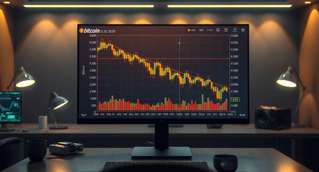 Bitcoin price chart and trading volume on a monitor in a dark office, indicating low market activity.
