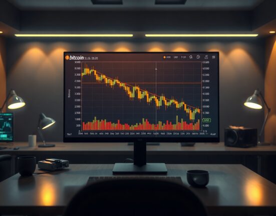 Bitcoin price chart and trading volume on a monitor in a dark office, indicating low market activity.