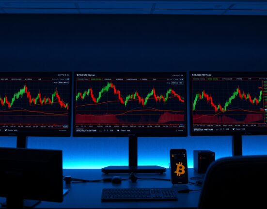 Bitcoin trading chart on a professional trading desk monitor