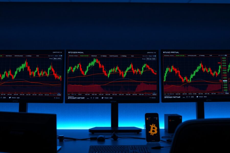 Bitcoin trading chart on a professional trading desk monitor