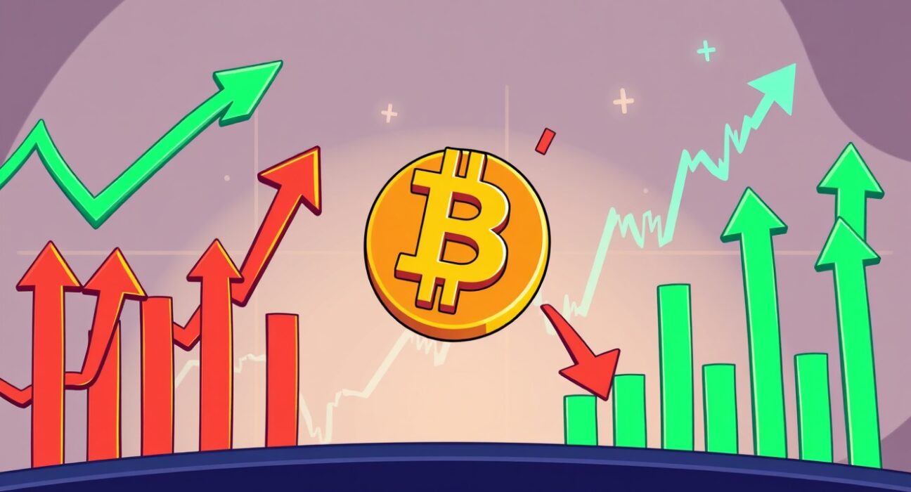 A cartoon illustration showing a slight bearish sentiment in Bitcoin perpetuals trading, with red arrows outnumbering green ones on a crypto exchange interface.