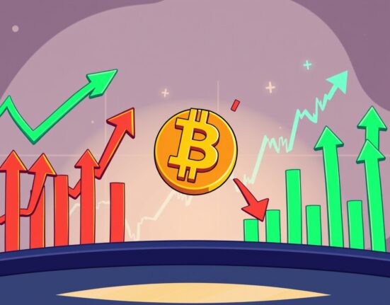 A cartoon illustration showing a slight bearish sentiment in Bitcoin perpetuals trading, with red arrows outnumbering green ones on a crypto exchange interface.