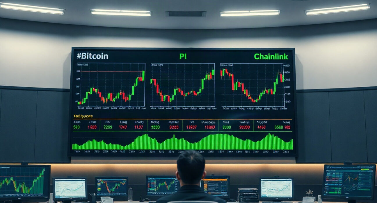 Digital trading board displaying cryptocurrency price charts for Bitcoin, PI, and Chainlink