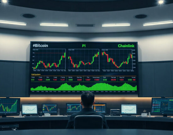 Digital trading board displaying cryptocurrency price charts for Bitcoin, PI, and Chainlink