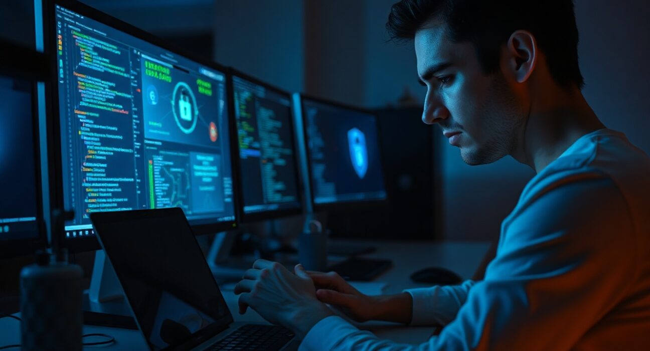 Developer working on Bitcoin Core code with AI security tools in background