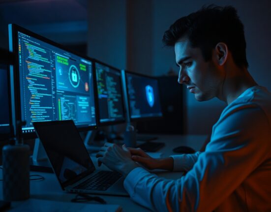 Developer working on Bitcoin Core code with AI security tools in background