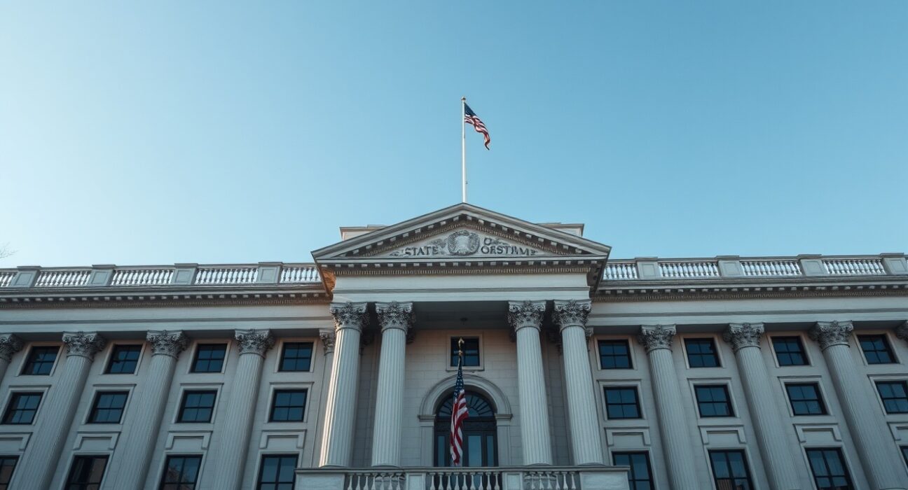 Exterior of the U.S. State Department building in Washington, D.C., representing government technology policy.