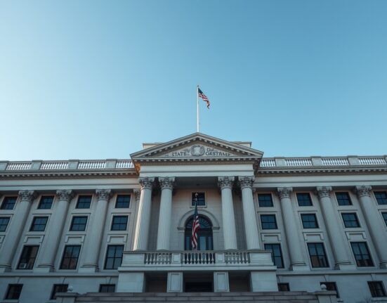 Exterior of the U.S. State Department building in Washington, D.C., representing government technology policy.