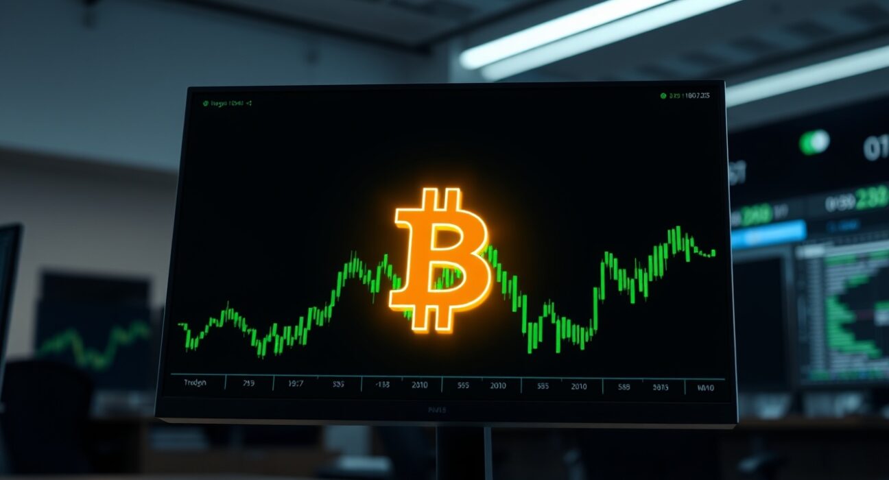 Bitcoin symbol on a trading desk representing the surge in BTC positioning and leverage discussed in the market analysis.
