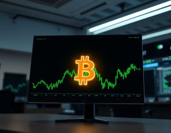 Bitcoin symbol on a trading desk representing the surge in BTC positioning and leverage discussed in the market analysis.