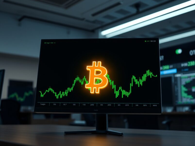 Bitcoin symbol on a trading desk representing the surge in BTC positioning and leverage discussed in the market analysis.