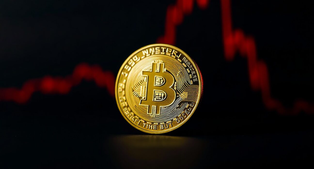 Bitcoin coin on dark background with downward trend lines, representing potential price drop warning.