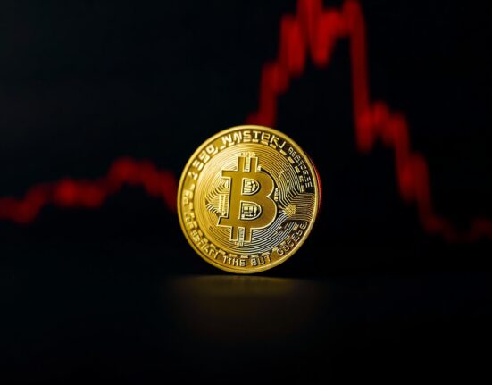 Bitcoin coin on dark background with downward trend lines, representing potential price drop warning.