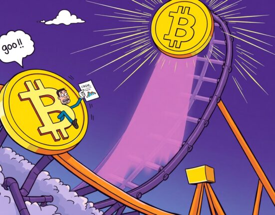 Bitcoin prediction markets showing dramatic downturn with falling charts and concerned traders