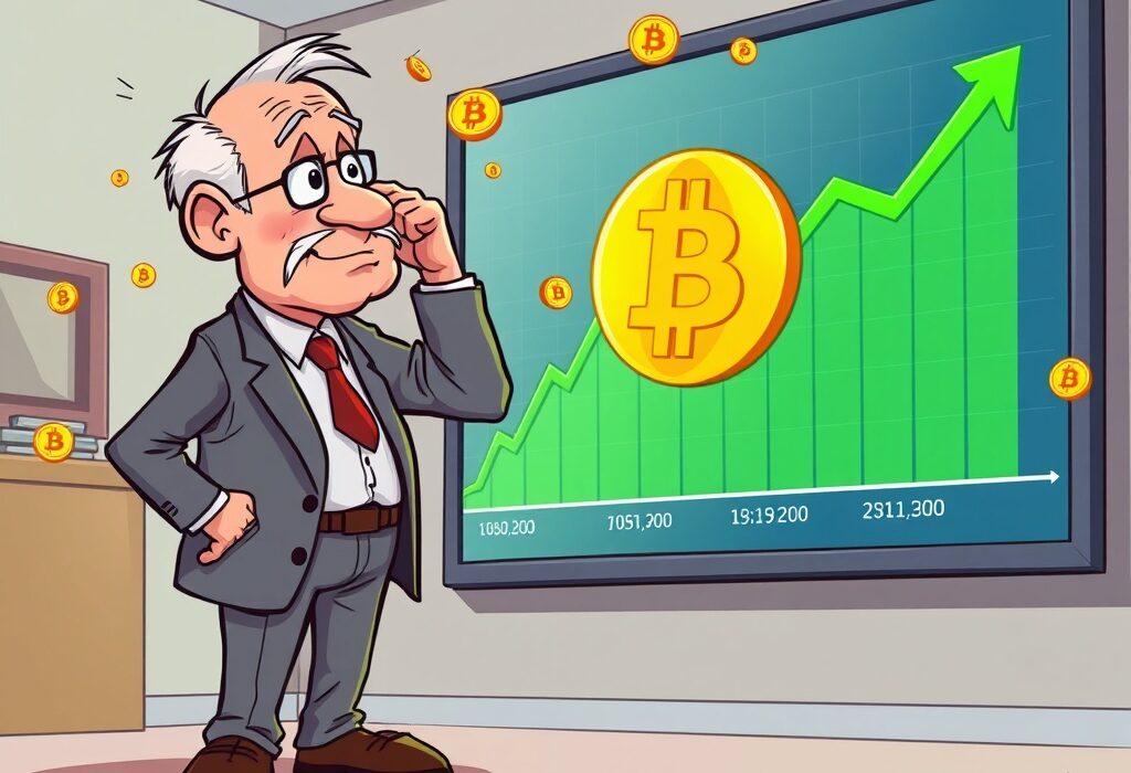 A cartoon economist contemplates his past Bitcoin prediction amidst a soaring crypto market.