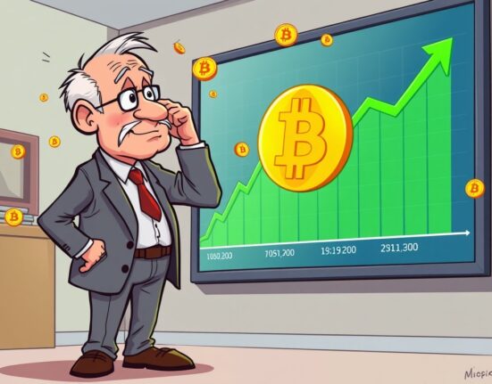 A cartoon economist contemplates his past Bitcoin prediction amidst a soaring crypto market.