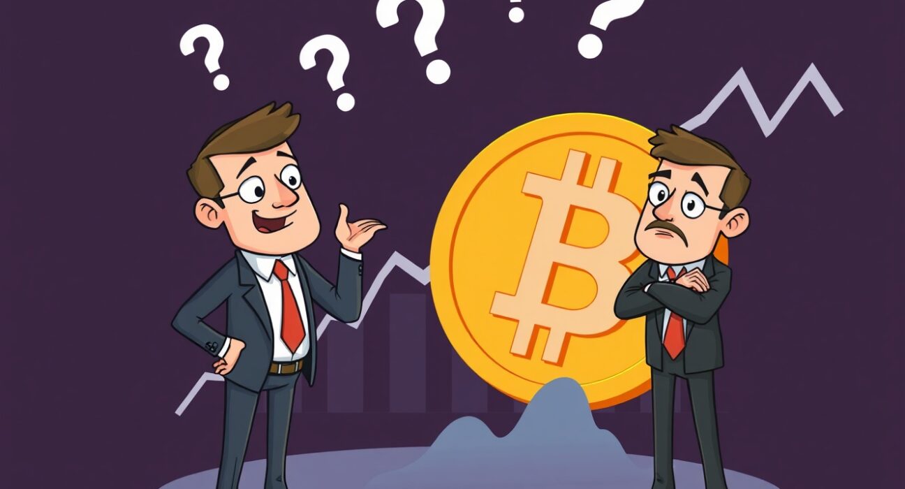 Cartoon debate over volatile Bitcoin predictions between two business figures.